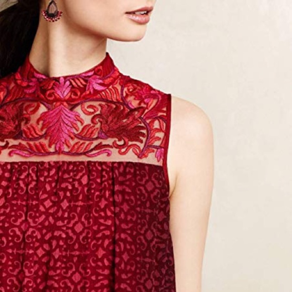 Anthropologie Red Embroidered Party Dress